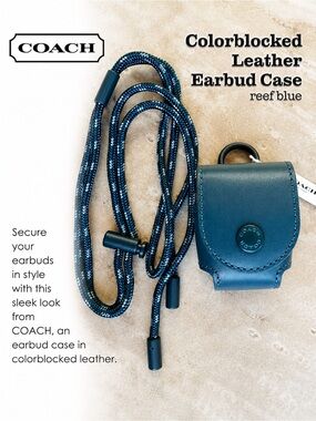 Coach Reef Blue Leather 𝐍𝐖𝐓 Earbud Case with Lanyard strap NEW